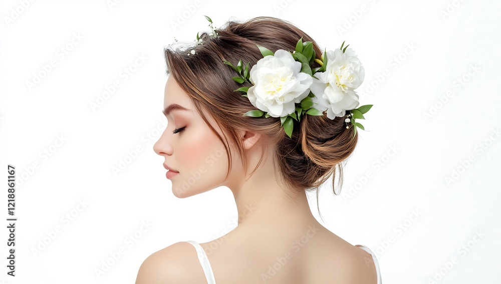 Woman, floral hairstyle, profile, beauty, white background, studio shot, beauty ad Woman, floral hairstyle, profile, beauty, white background, studio shot, beauty ad