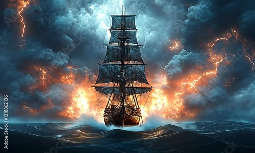 A three-masted sailing ship navigates a tumultuous storm with fiery lightning.