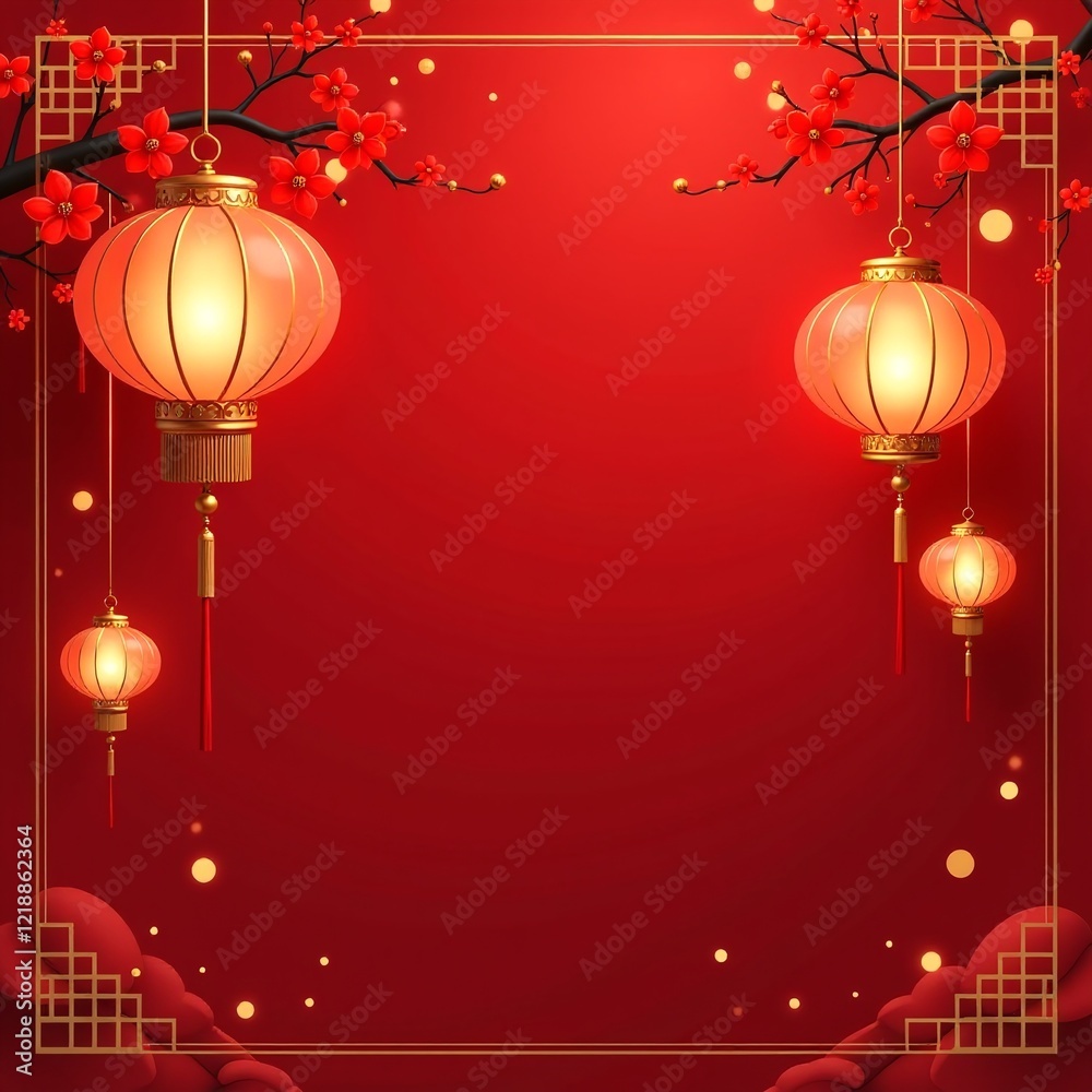 Glowing lanterns, traditional Chinese red background, gold accents, celebratory design Glowing lanterns, traditional Chinese red background, gold accents, celebratory design
