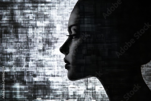 Profile silhouette of a woman s face with black and grey glitch effect against pixelated background photo