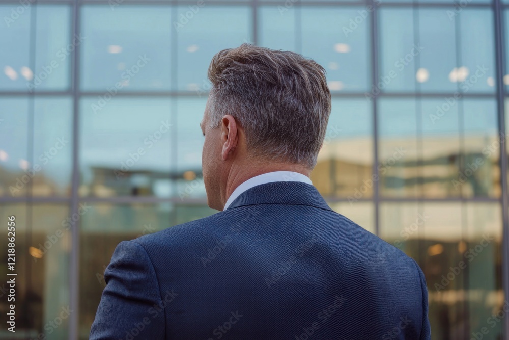 Back view of a businessman in a suit with modern office glass buildings in the background, representing financial freedom, growth, and strategic investment decisions Back view of a businessman in a suit with modern office glass buildings in the background, representing financial freedom, growth, and strategic investment decisions