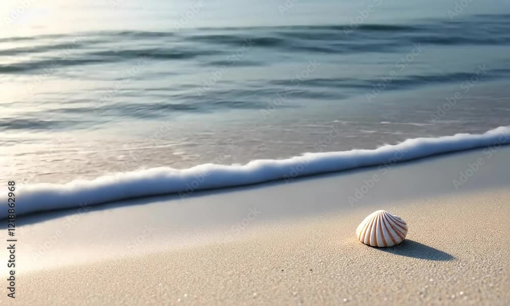 Seashell on beach, ocean waves, sunrise, calm Seashell on beach, ocean waves, sunrise, calm
