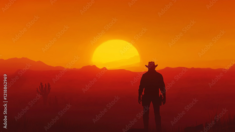 Classic retro western movie poster with an outlaw sheriff man silhouette holding a gun at the sunset in mountains Classic retro western movie poster with an outlaw sheriff man silhouette holding a gun at the sunset in mountains