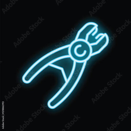 Blue neon icon of pliers glowing on dark background, representing concepts such as construction, repair, and diy projects