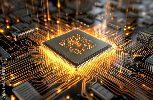 Brightly lit microchip sits at the center of a detailed circuit board. Complex connections radiate from the chip, creating a dynamic and energetic visual with glowing lines.