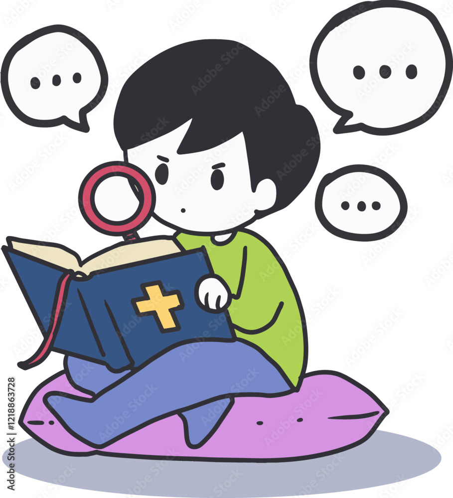 Child Sitting and Analyzing the Bible Vector Art. Perfect for themes of Bible study, spiritual curiosity, and faith exploration. Child Sitting and Analyzing the Bible Vector Art. Perfect for themes of Bible study, spiritual curiosity, and faith exploration.