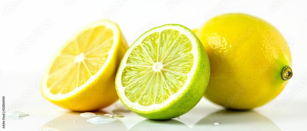Fototapeta premium Fresh Lemon and Lime Halves with Water Droplets - High Resolution Photo
