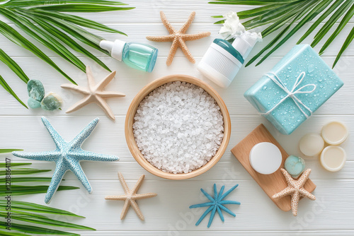 Relaxing spa arrangement with sea salt, starfish, and tropical leaves. Perfect for self care and wellness, creating serene atmosphere for relaxation and rejuvenation photo