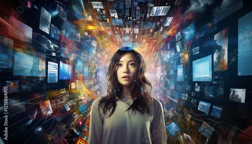 A young woman surrounded by a vibrant digital matrix of images and screens, representing technology, innovation, and limitless information flow.