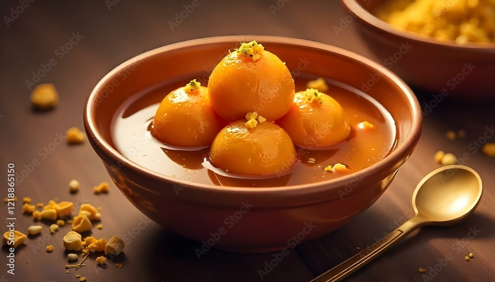 Gulab jamun served in ornate bowl with syrup in traditional Indian dessert setup Gulab jamun served in ornate bowl with syrup in traditional Indian dessert setup