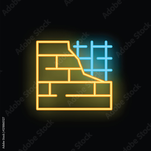 Glowing neon icon of a partially built brick wall with visible rebar structure, representing the construction process