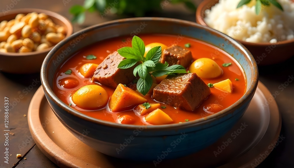 A large clay pot of Massaman curry, brimming with beef and aromatic spices, for sharing A large clay pot of Massaman curry, brimming with beef and aromatic spices, for sharing