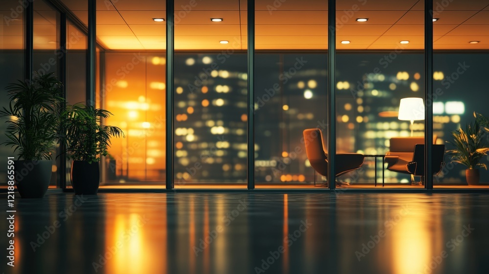 Fototapeta premium Large office interior at night with blurred city lights in the background, showcasing a modern and tranquil workspace atmosphere