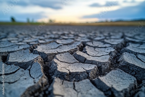 Barren landscape dry cracked soil closeup photography rural area ground level environmental impact photo