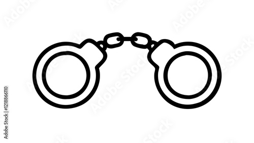 black and white illustration, simple line drawing, handcuffs, police equipment, restraints, law enforcement, minimalist design, symmetrical, iconic symbol, criminal justice, vector graphic, bold outli