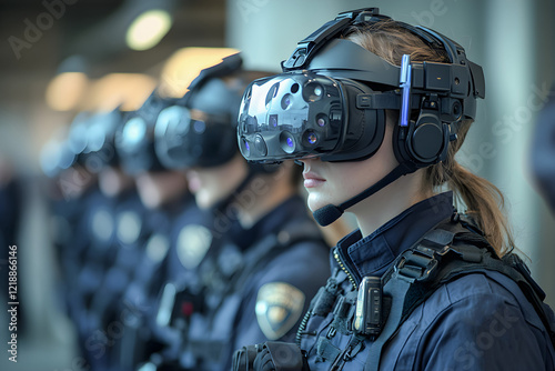 Row of police officers using advanced VR headsets for immersive tactical training, showcasing cutting-edge technology in law enforcement. photo