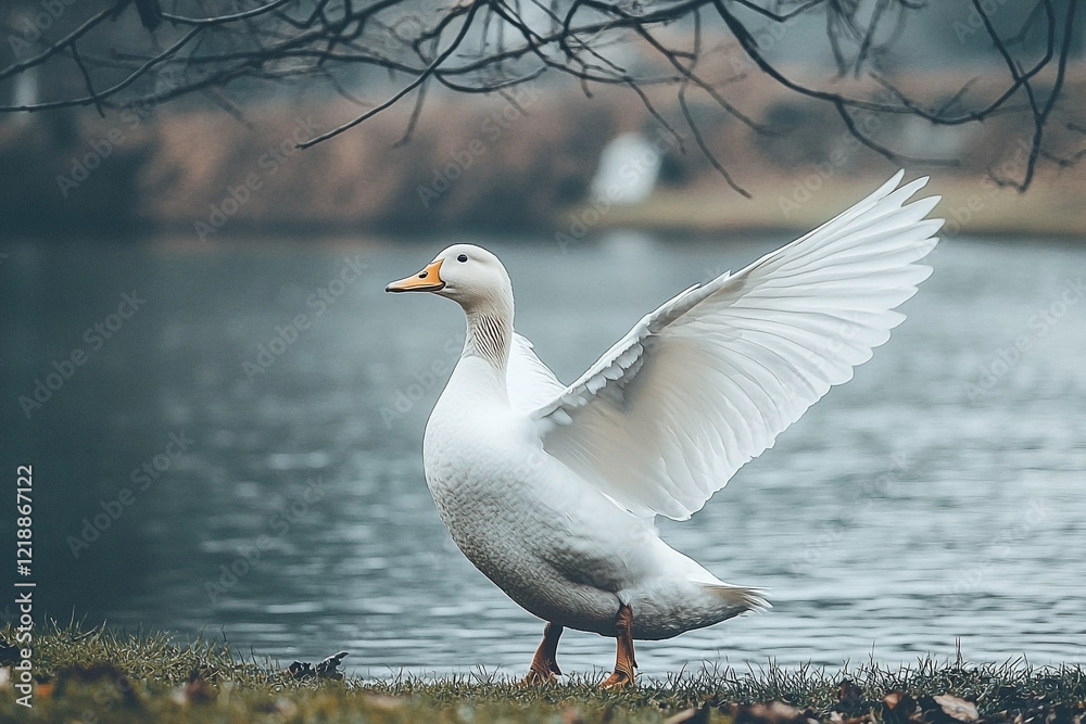 Obraz premium White Duck Extending Its Wings Near a Lake on a Calm Spring Day