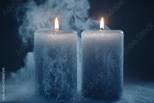 Two grey ice candles emitting icy smoke against an indigo background in a softly lit dark atmosphere