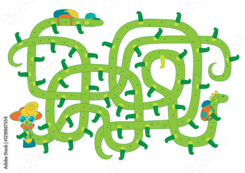 Look carefully and guess which centipede lost its boot. Vector illustration, maze puzzle for kids 