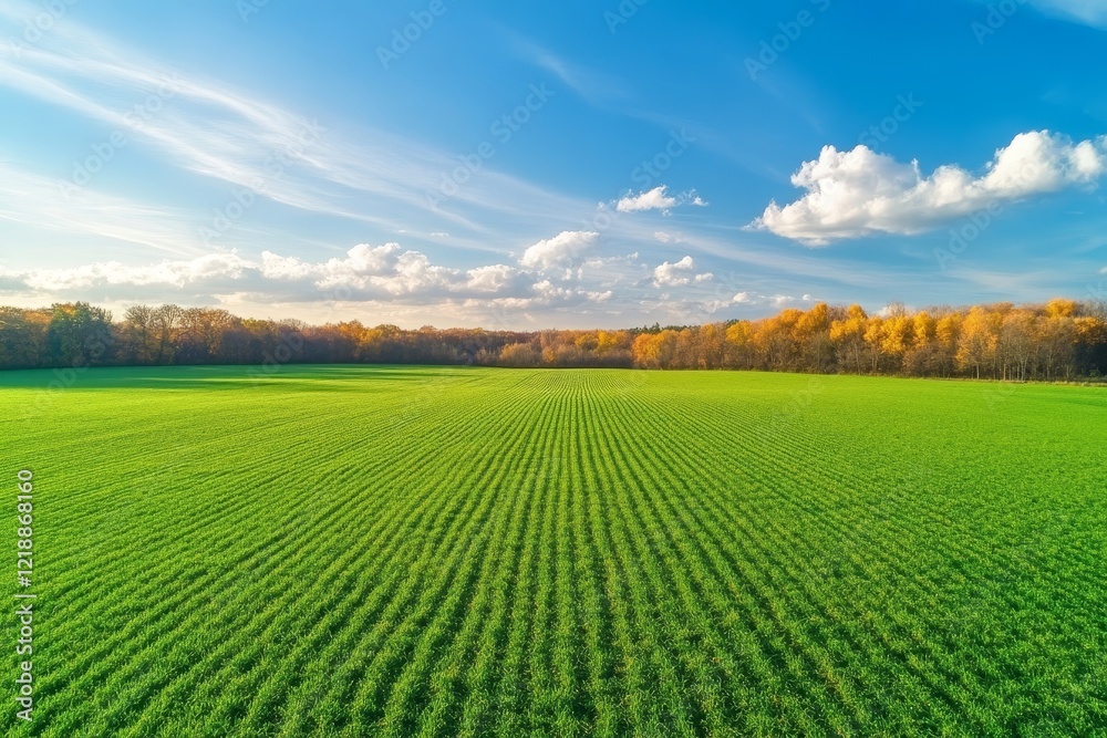 Fototapeta premium Stunning autumn landscape featuring golden trees and fields under a blue sky with clouds