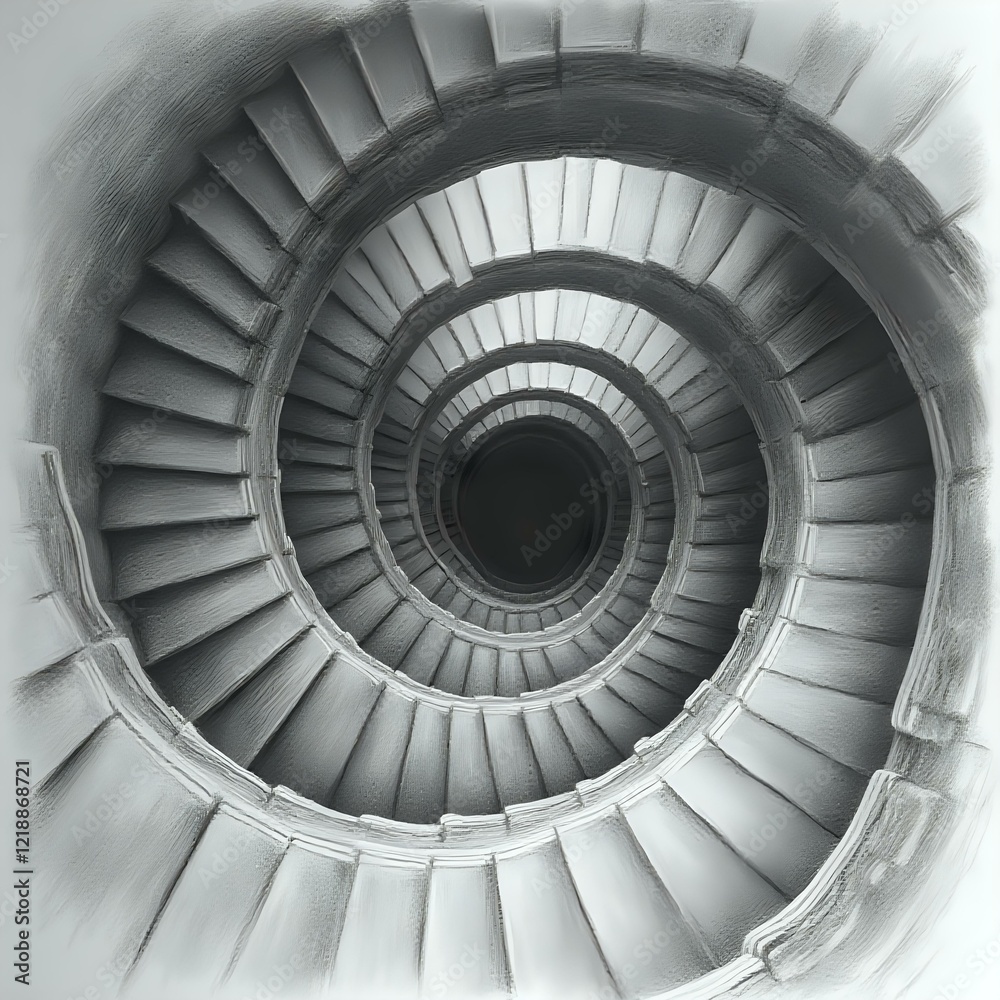 Obraz premium The image is a black and white photograph showcasing a spiral staircase with a central dark area surrounded by a series of lighter steps that recede into infinity.