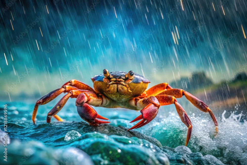 Underwater macro captures a crab amidst a rain shower, showcasing vibrant aquatic life. Underwater macro captures a crab amidst a rain shower, showcasing vibrant aquatic life.