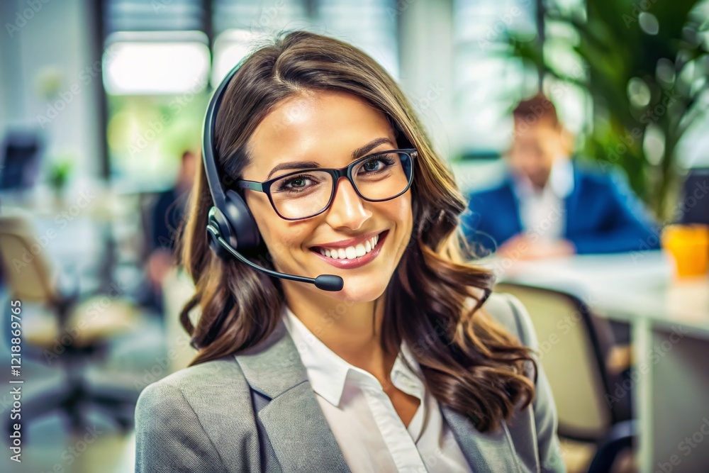 Call Center Agent, Friendly Brunette, Modern Office, Customer Service, Telemarketing