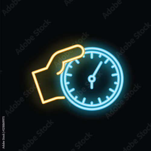 Neon icon illustration of a hand holding a clock, symbolizing time management