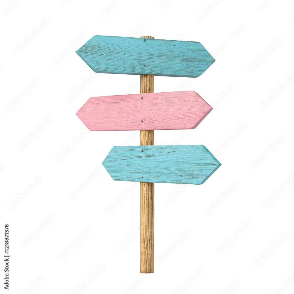 Colorful wooden signpost with three arrows pointing in different directions. Colorful wooden signpost with three arrows pointing in different directions.