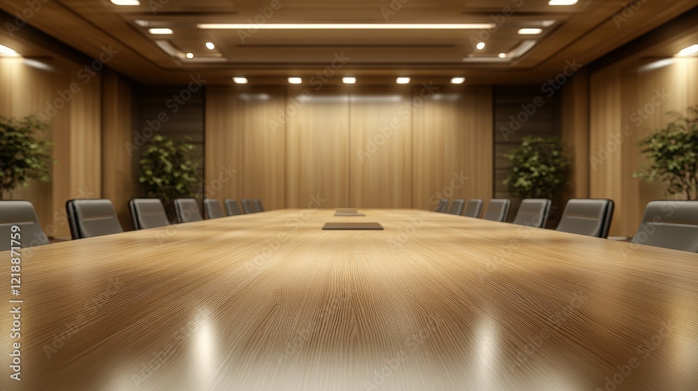 Fototapeta premium Spacious and Modern Meeting Room with Large Wooden Table Surrounded by Chairs, Suitable for Professional Gatherings and Conferences