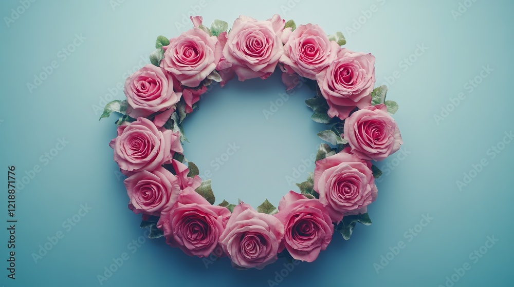 Delicate Arrangement of Pink Roses Forming a Perfect Circle on a Soft Blue Background Evoking Feelings of Tranquility and Beauty in a Romantic and Elegant Floral Display Delicate Arrangement of Pink Roses Forming a Perfect Circle on a Soft Blue Background Evoking Feelings of Tranquility and Beauty in a Romantic and Elegant Floral Display