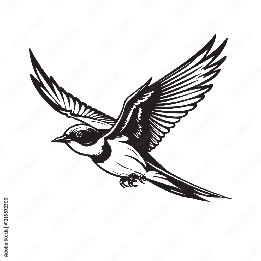 Obraz premium Elegant monochrome illustration of a barn swallow in flight, showcasing graceful wings, a forked tail, and intricate line details, symbolizing freedom. Bird. Wildlife Animals.