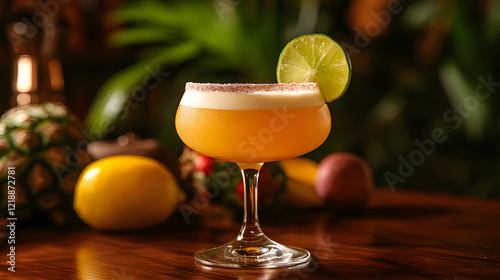 A tropical Daiquiri cocktail with fresh lime juice, rum, and a sugar rim, garnished with a lime wedge, served on a wooden bar table with tropical fruits. photo