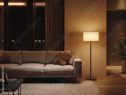 Contemporary Living Room Mockup at Night with Lamp Light  A stylish modern living room illuminated by soft, ambient lamp light, creating a cozy and sophisticated atmosphere,