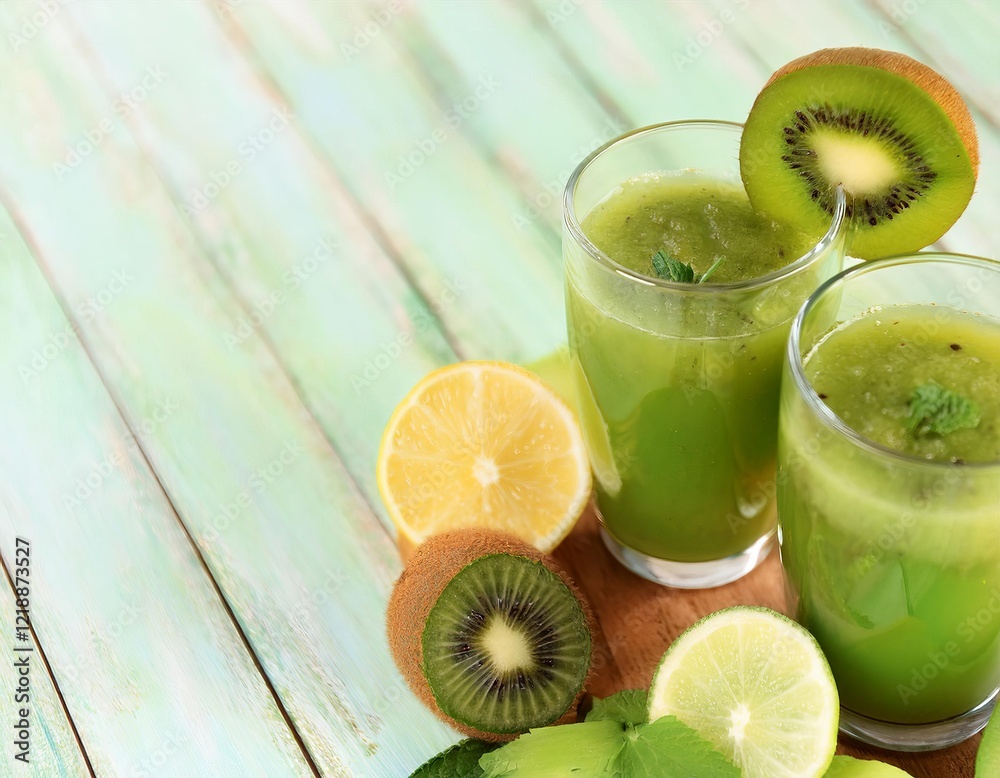 Refreshing kiwi and green apple juice with lime and mint on rustic wooden table Refreshing kiwi and green apple juice with lime and mint on rustic wooden table