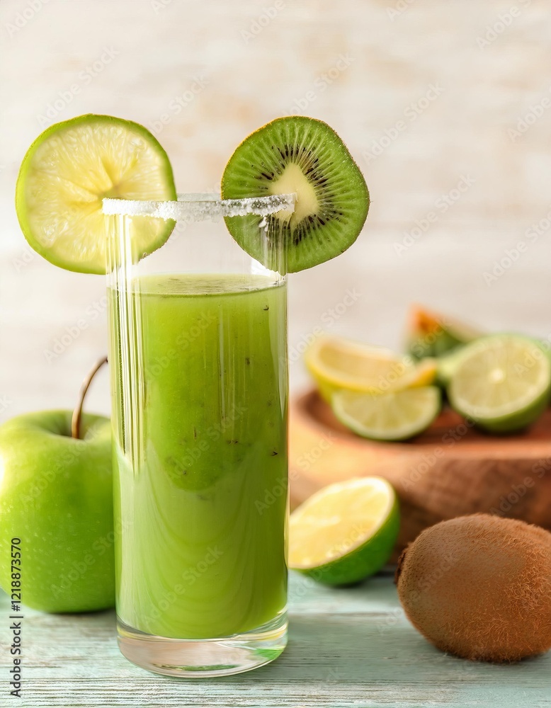 Glass of fresh kiwi and green apple juice with lime and sugar