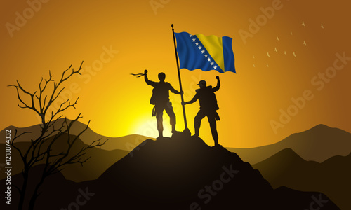 Bosnia and Herzegovina flag, silhouette of two climbers holding a flag at sunset over the mountain