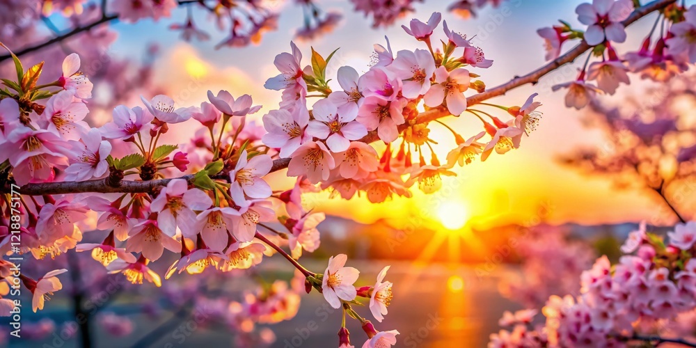 Obraz premium Cherry Blossom Festival Sunset - Low Light AI Photo