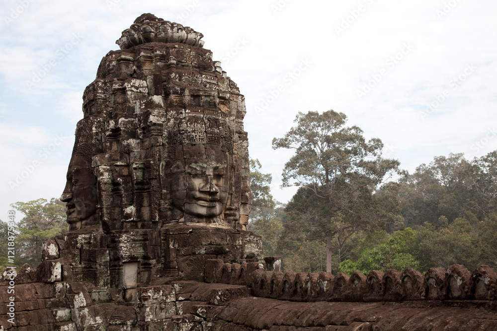 Head sculptures on The Bayon Temple at Angkor Thom, Cambodia.