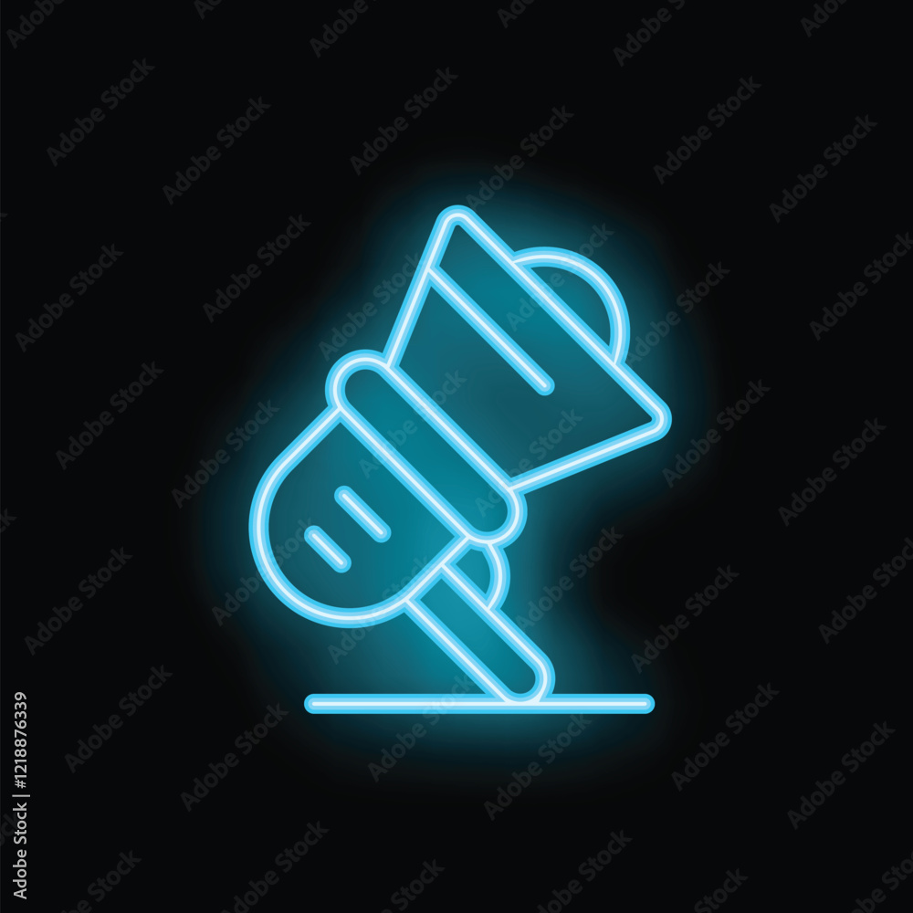 Bright blue neon megaphone icon glowing on a black background representing the concept of public speaking Bright blue neon megaphone icon glowing on a black background representing the concept of public speaking