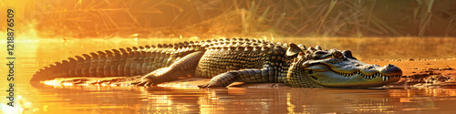 Crocodile Sunbathing in the Water
 photo