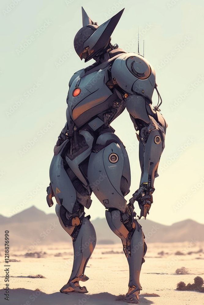 Fototapeta premium Advanced Robot Stands in Desolate Desert Landscape