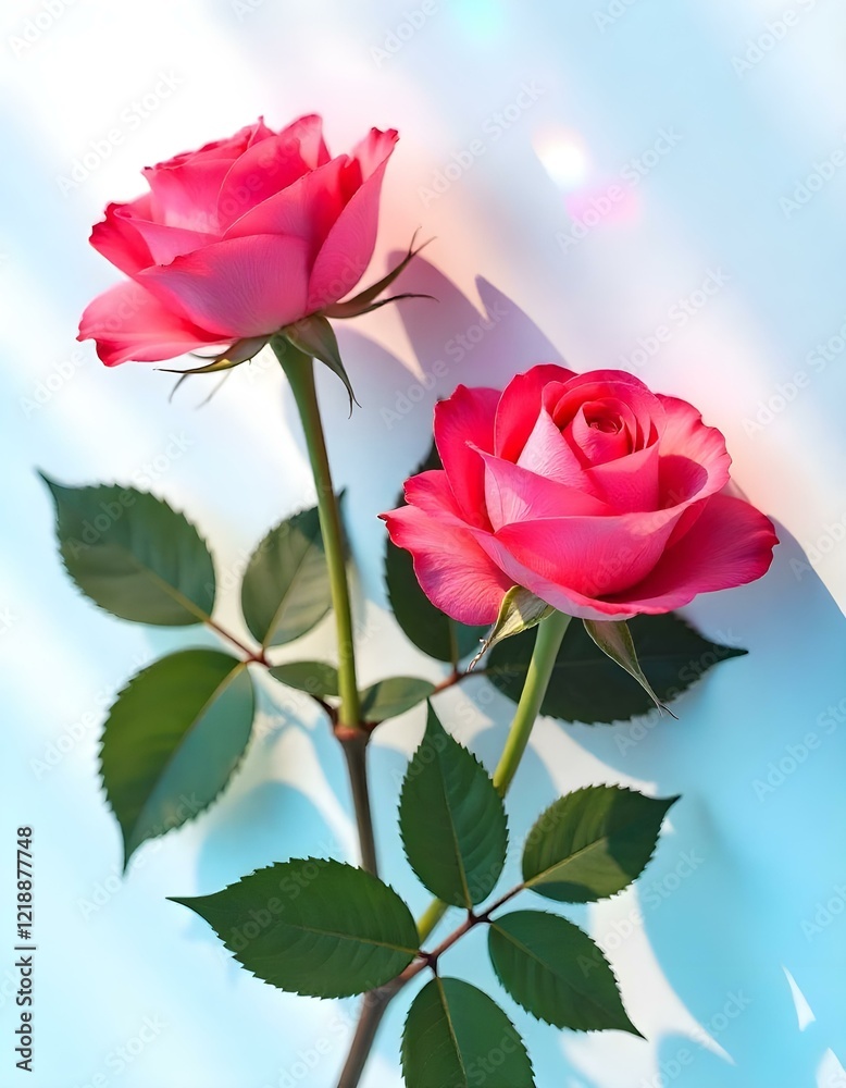 A modern art style composition of pink and red roses with green leaves and creative shadows A modern art style composition of pink and red roses with green leaves and creative shadows