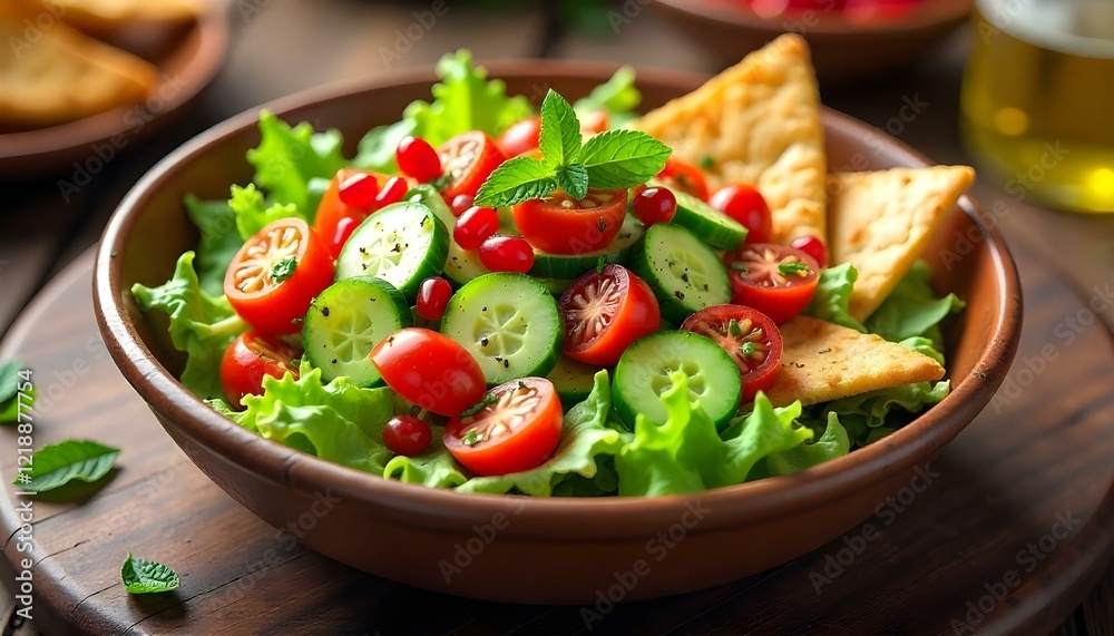 A festive platter of fattoush salad served family style with cucumbers, tomatoes, and mint