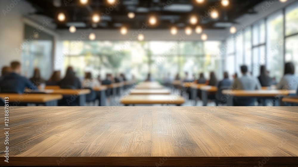 Wooden Table Top with Blurred Background of Conference Room Setting and Attendees, Perfect for Business and Event Promotion Themes Wooden Table Top with Blurred Background of Conference Room Setting and Attendees, Perfect for Business and Event Promotion Themes