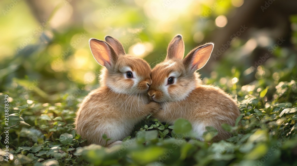 Fototapeta premium Two bunnies cuddling in sunny forest, spring