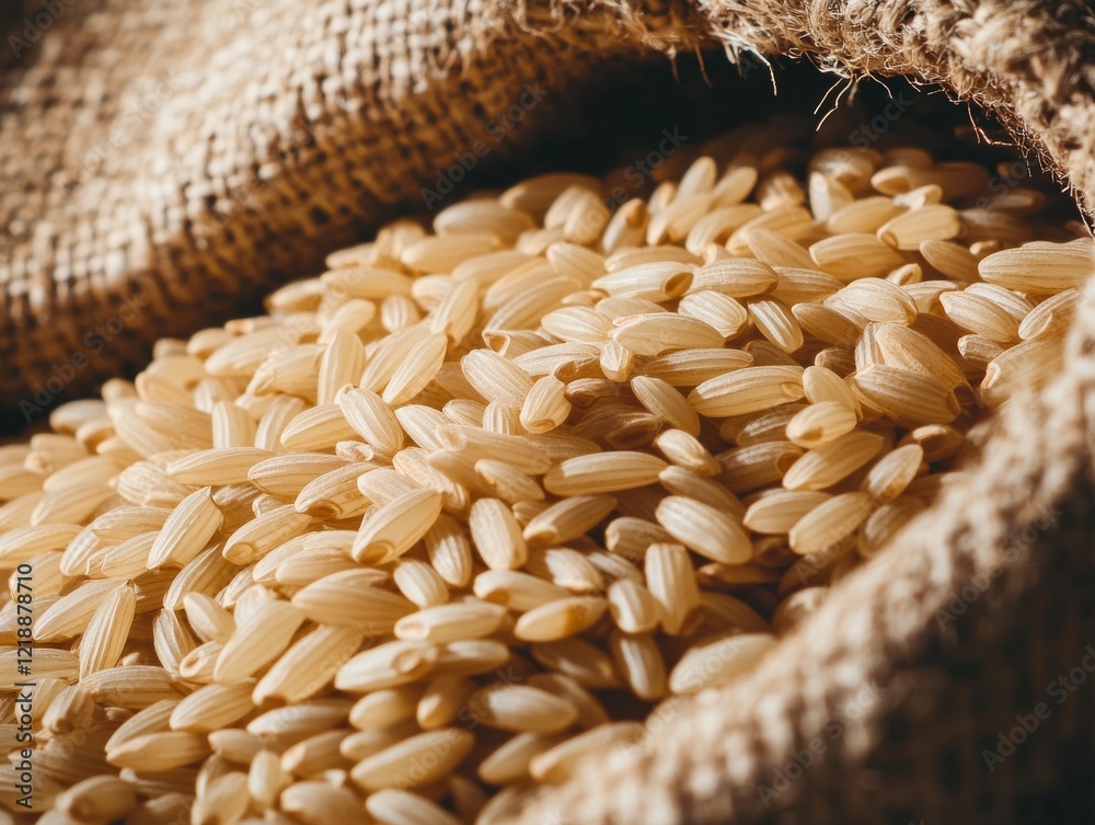 Obraz premium Close-up of rice grains in a burlap sack. Featuring the texture and natural color of the grains. Emphasizing the rustic and organic nature of raw rice. Ideal for agricultural blogs and food packaging.