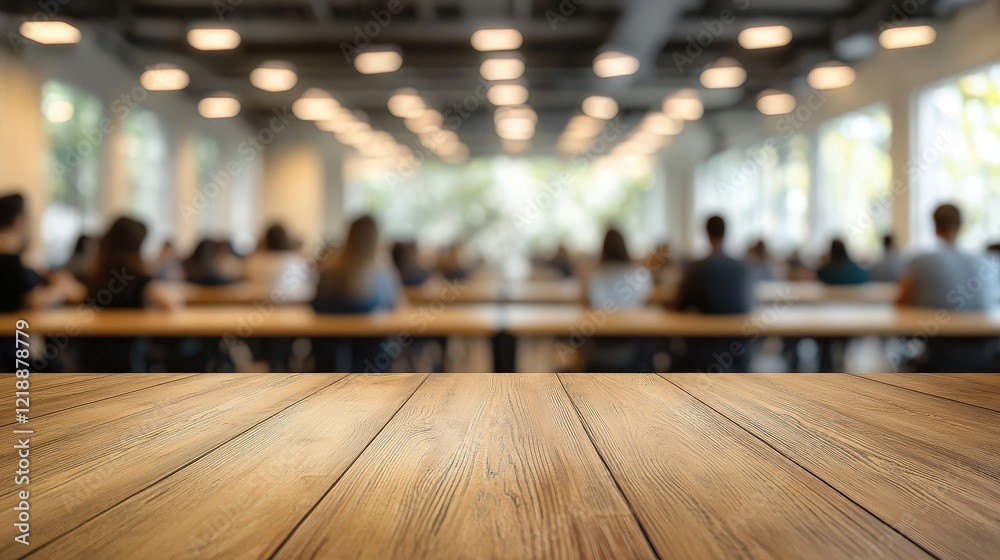 Wooden Table Top with Blurred Background of People in a Bright Modern Space Ideal for Interior Design or Event Planning Projects Wooden Table Top with Blurred Background of People in a Bright Modern Space Ideal for Interior Design or Event Planning Projects
