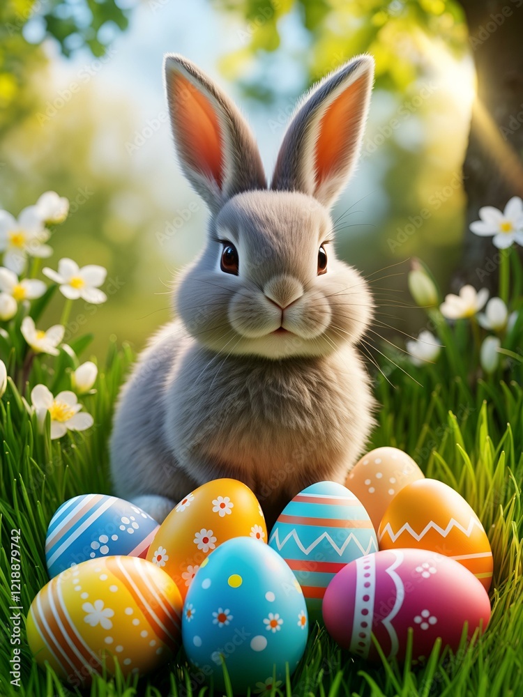 Fototapeta premium Adorable Easter Bunny with Colorful Eggs in Spring Meadow