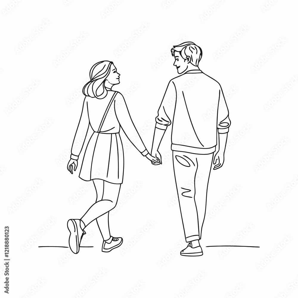 Fototapeta premium Hand-in-hand couple walking, a simple illustration of love.